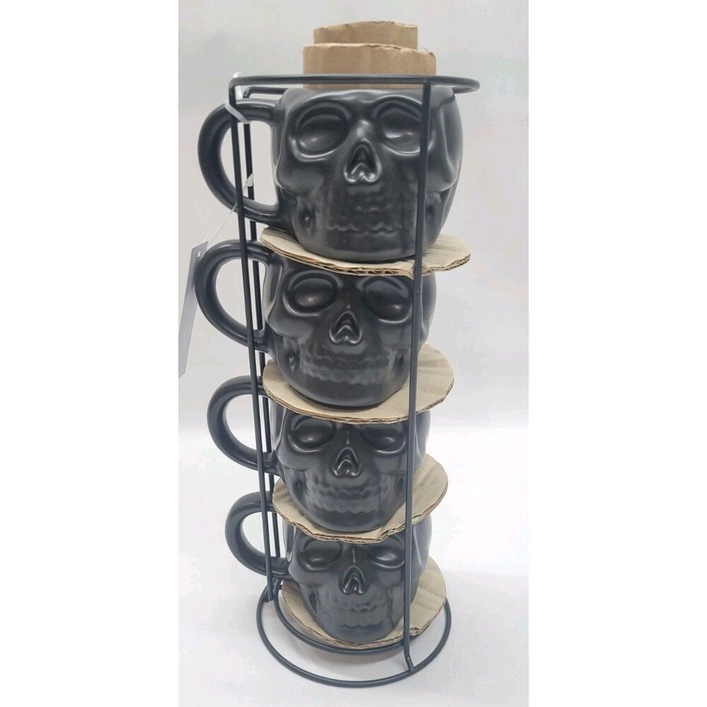 Black Skull Ceramic Mugs Stackable Halloween Gothic 3D 4 Mugs with Holder Boxed